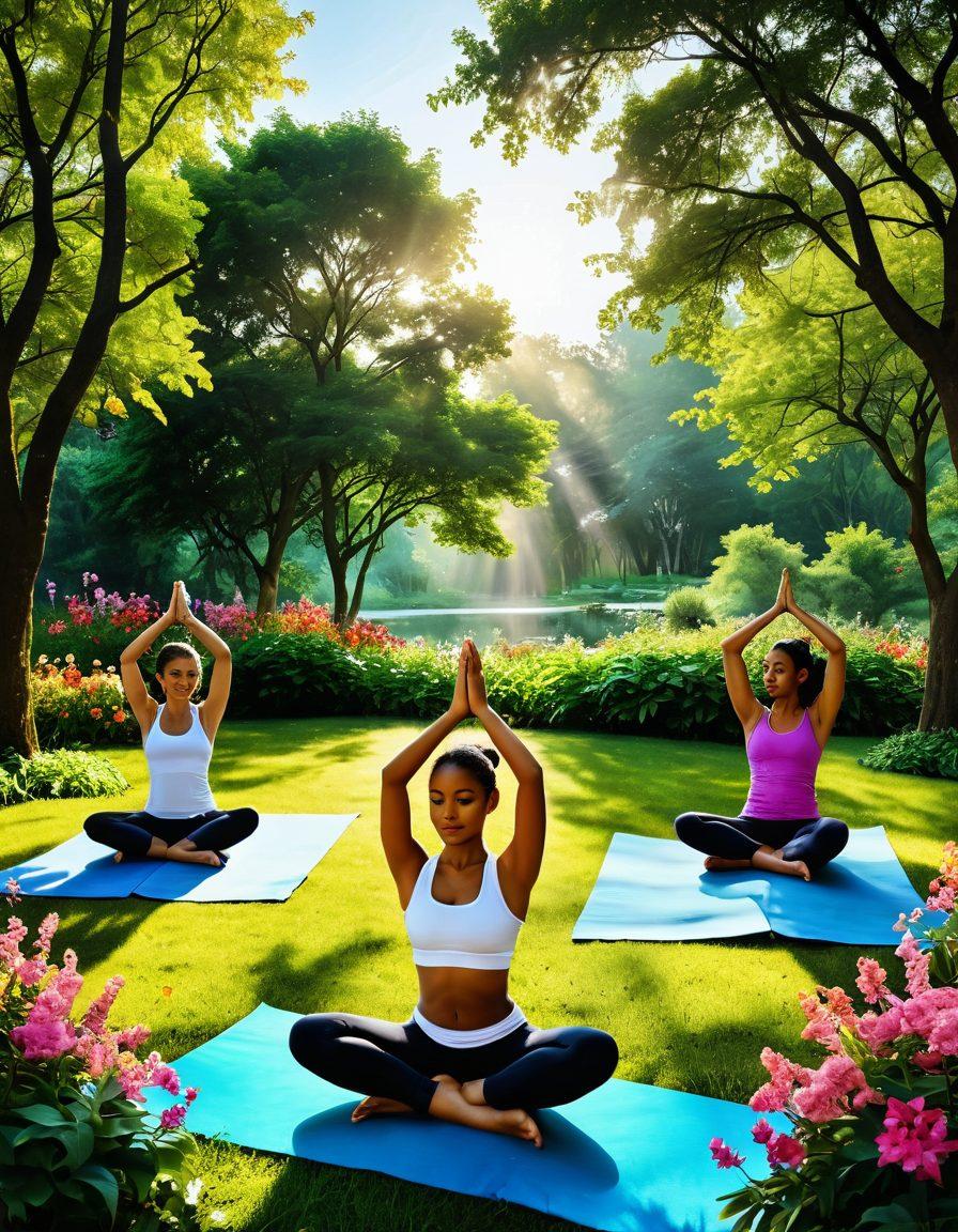 A vibrant scene depicting a diverse group of happy individuals practicing yoga in a lush green park, surrounded by blooming flowers and trees, symbolizing unity in wellness. Include elements of health such as fresh fruits, water bottles, and an inviting sunrise in the background. The atmosphere should feel energizing and refreshing, reflecting the theme of a wellness revolution. super-realistic. vibrant colors. outdoor setting.