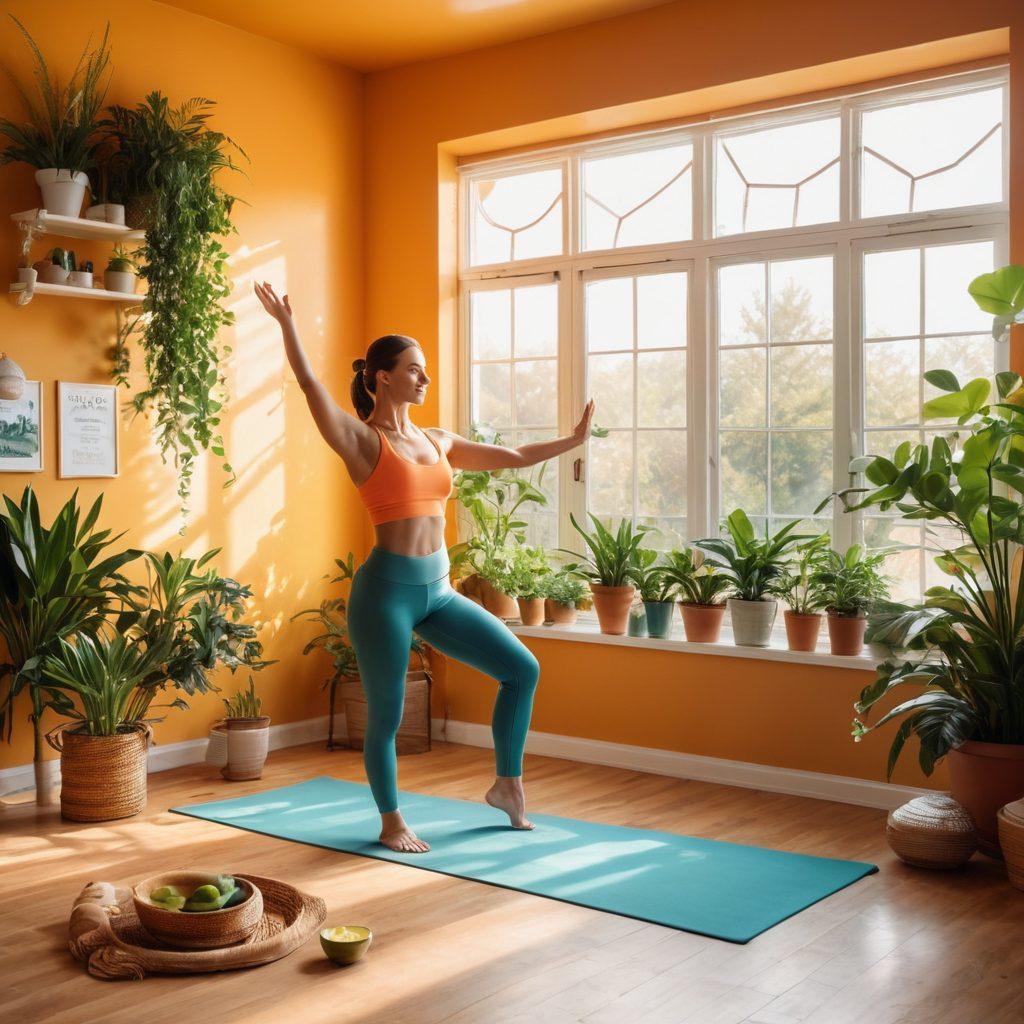 An invigorating scene depicting a bright morning routine with a person practicing yoga in a sunlit room, surrounded by plants, a healthy breakfast spread, and motivational quotes on the walls. The atmosphere exudes positivity and wellness, inviting viewers to embrace healthy habits. The color palette features warm, uplifting tones to inspire energy and vitality. super-realistic. vibrant colors. natural lighting.
