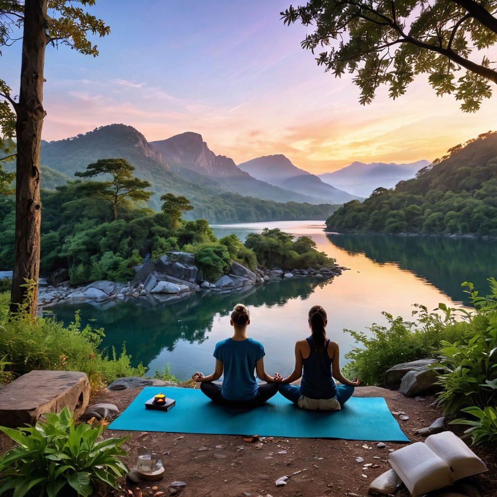 A serene scene featuring a person meditating at sunrise on a mountaintop, surrounded by lush greenery and soft, glowing light. Include elements of wellness like a yoga mat, water bottle, and journal nearby. Add a gentle breeze indicated by swirling leaves and a distant view of a calm lake. Emphasize tranquility and positivity with bright, uplifting colors. super-realistic. vibrant colors. peaceful atmosphere.